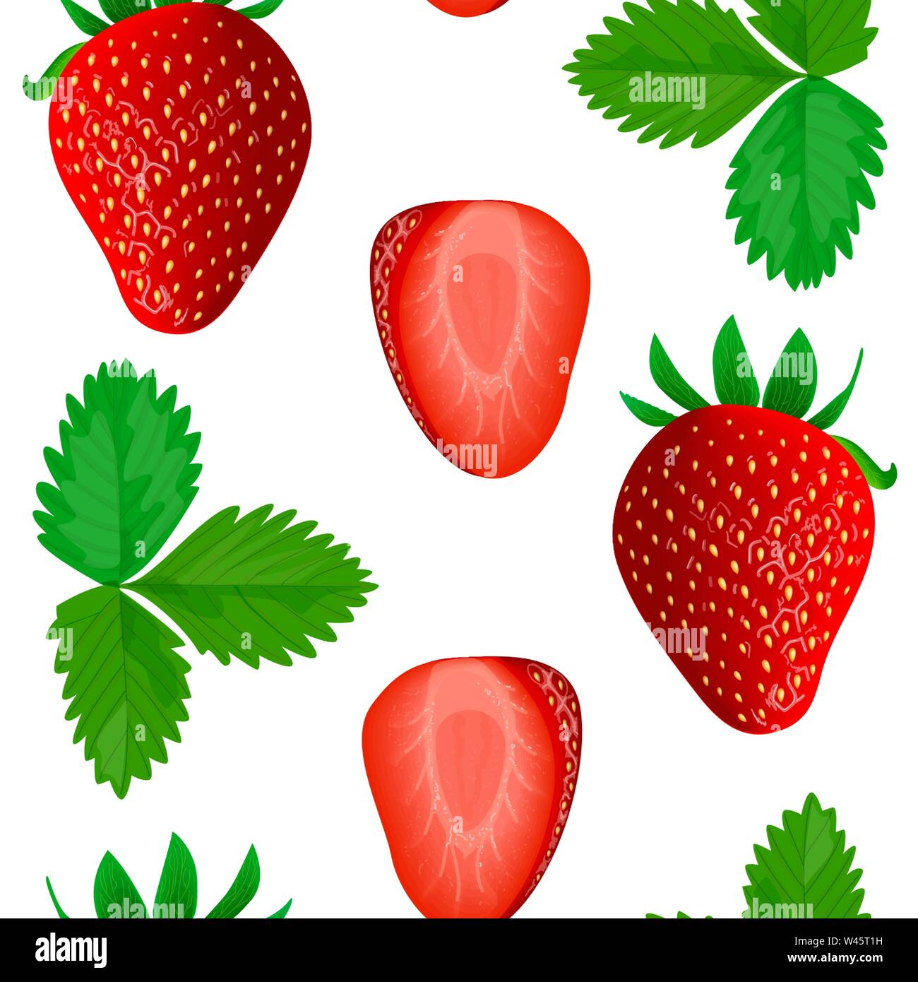 Motif vectoriel sans couture en fraise. Fruits mûrs entiers et moitiés, feuilles, chemin de coupure isolé. Illustration de Vecteur