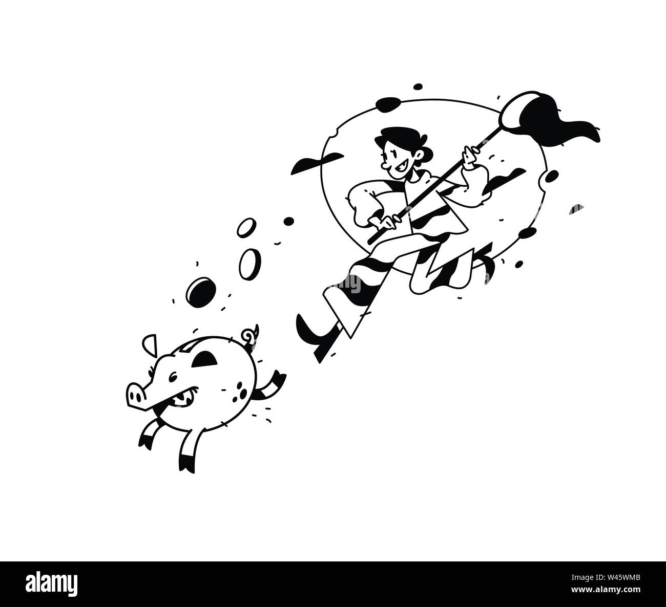 Illustration d'un homme qui court après une tirelire avec un filet. Vector illustration. L'image est isolé sur fond blanc. Le bénéfice sur les dépôts bancaires. Dans Illustration de Vecteur