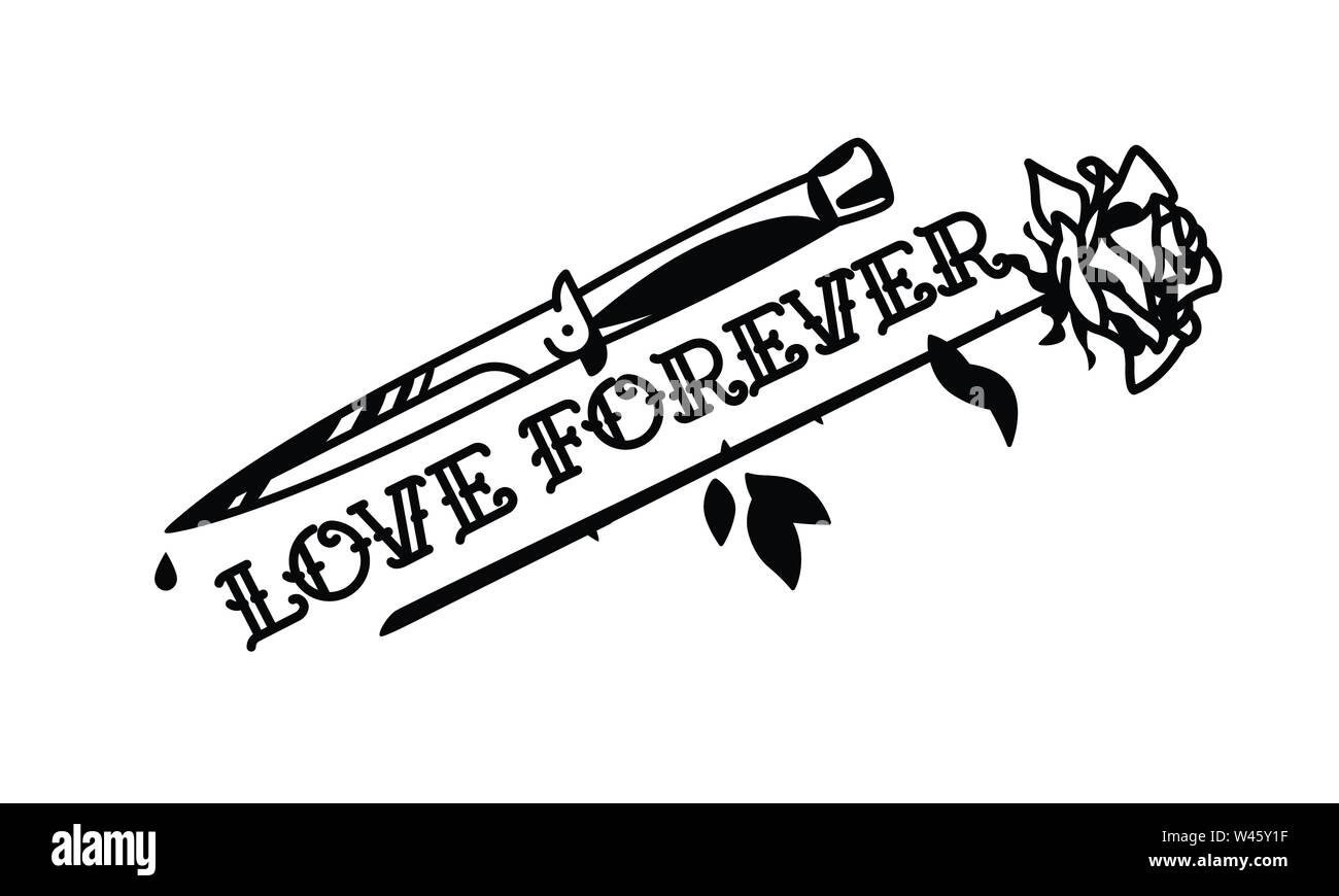 Un tatouage avec un couteau et une rose. Vecteur. L'inscription aimer pour toujours, c'est gothique. Le style de la vieille école américaine. L'image est isolé sur blanc Illustration de Vecteur