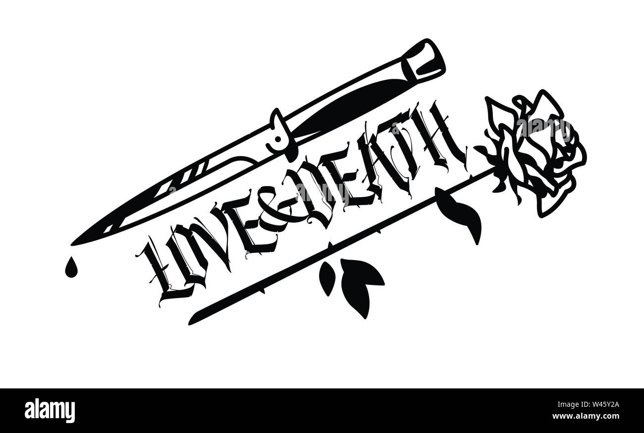 Un tatouage avec un couteau et une rose. Vecteur. L'inscription l'amour et la mort dans le style gothique. Le style de la vieille école américaine. L'image est isol Illustration de Vecteur