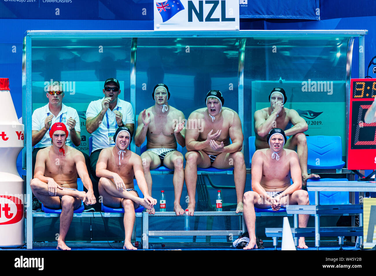 17 juillet 2019 Gwangju, Corée du Sud 18e Championnats du monde de la FINA 17-07-2019: WK water-polo: Afrique du Sud v Nouvelle-Zélande: Équipe de Gwangju Nouvelle-Zélande Gwangju Corée du Sud 17/07/2019 Waterpolo M12 RSA - NZL 18e Championnats du monde de la FINA terrain universitaire de Nambu Banque D'Images