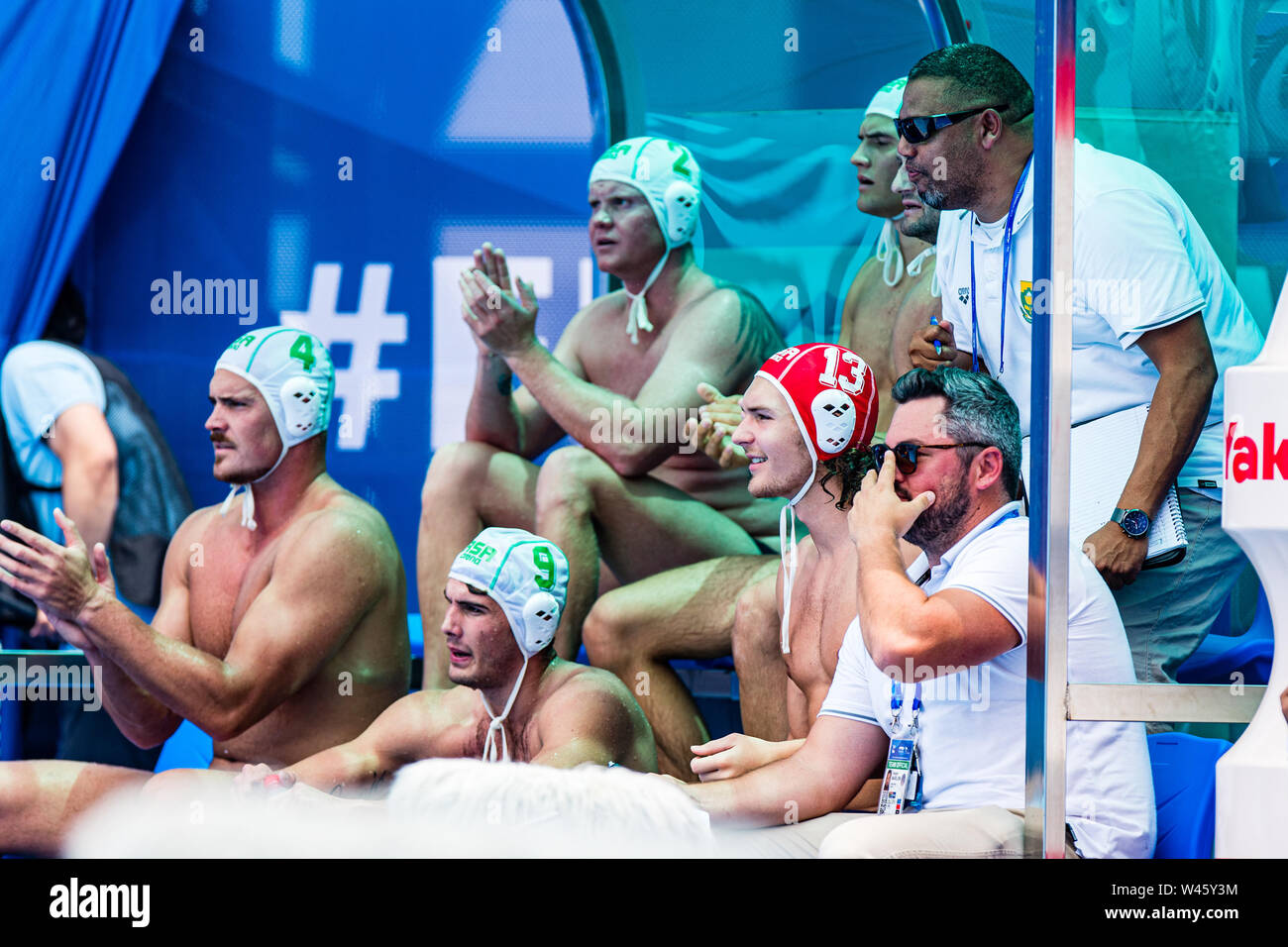 17 juillet 2019 Gwangju, Corée du Sud 18e Championnats du monde de la FINA 17-07-2019: WK water-polo: Afrique du Sud v Nouvelle-Zélande: Équipe de Gwangju Afrique du Sud Gwangju Corée du Sud 17/07/2019 Waterpolo M12 RSA - NZL 18e Championnats du monde de la FINA terrain universitaire de Nambu Banque D'Images