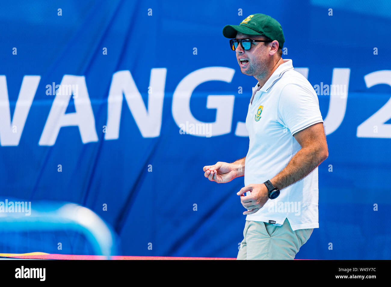 17 juillet 2019 Gwangju, Corée du Sud 18e Championnats du monde de la FINA 17-07-2019: WK water-polo: Afrique du Sud v Nouvelle-Zélande: Gwangju entraîneur en chef MARTIN Paul (RSA) Gwangju Corée du Sud 17/07/2019 Waterpolo M12 RSA - NZL 18e Championnats du monde de la FINA terrain universitaire de Nambu Banque D'Images