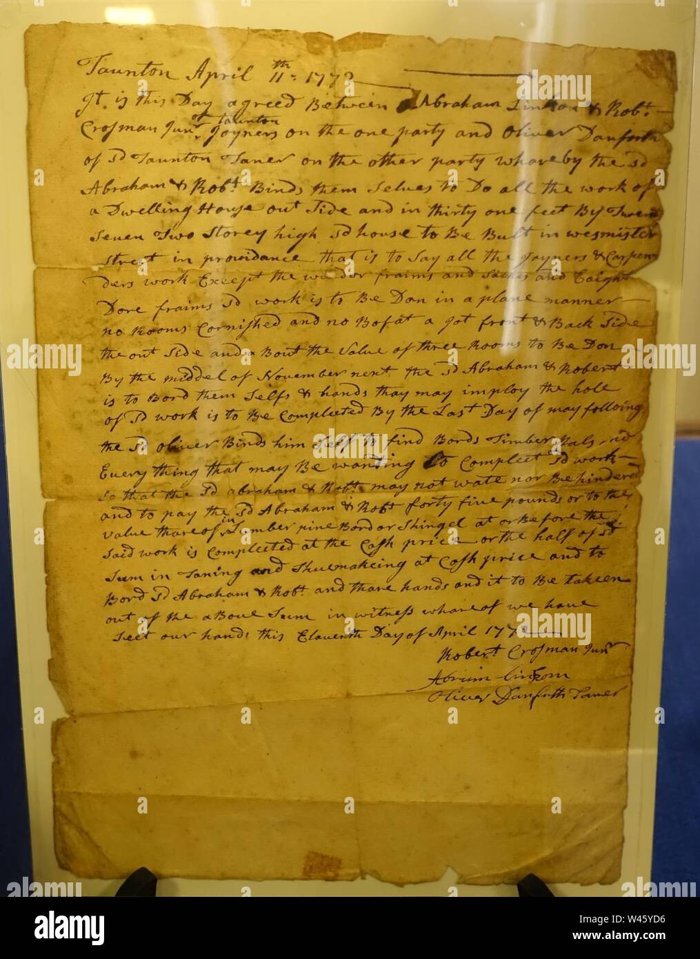 Contrat pour la construction d'une maison, signée par Robert Crosman (1707-1799), 1772, encre sur papier - Histoire Ancienne colonie Banque D'Images