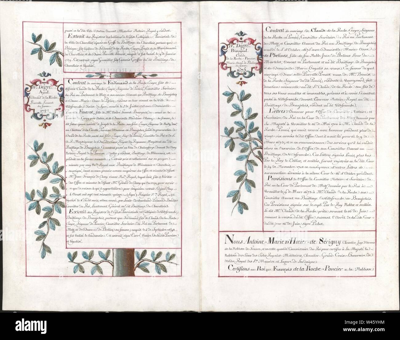 Contrat de mariage de Ferdinand de La Roche avec Pierrette Fenerot, 1722. Banque D'Images