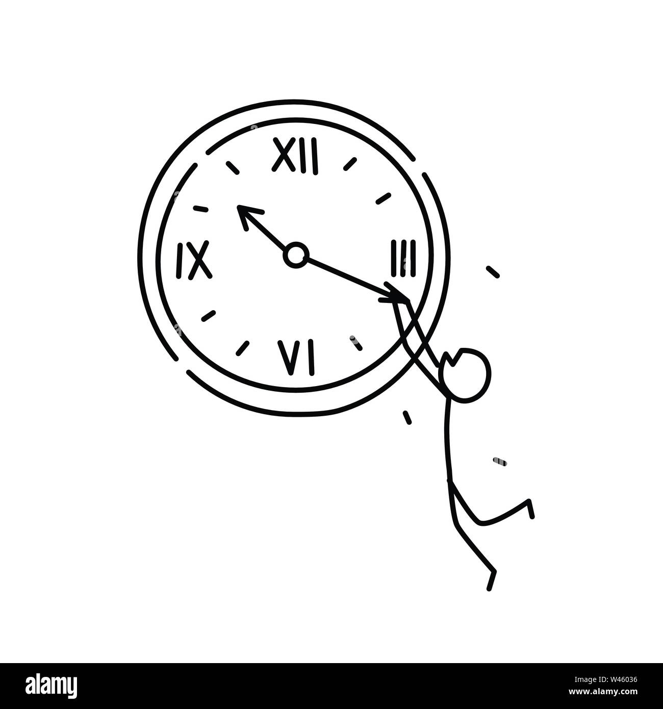 Illustration d'un homme pesant sur l'aiguille des minutes. Vecteur. Pas assez de temps. La métaphore. Style linéaire. Illustration pour site web ou présentation. Tim ont Illustration de Vecteur