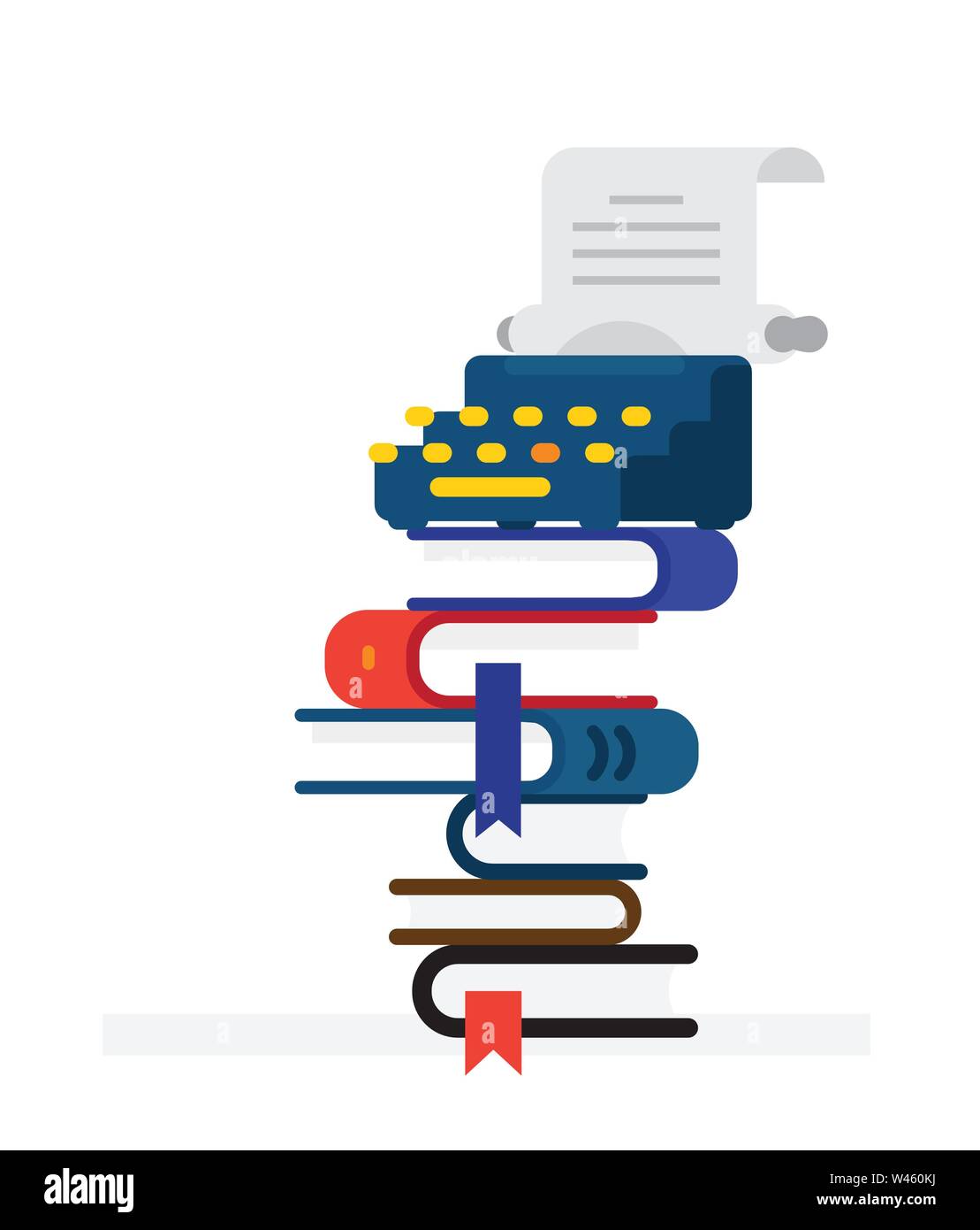 Machine à écrire sur une pile de livres. Vecteur. Style plat. L'illustration de l'affiche, print et site web. Vintage avec des manuscrits. Illustration de Vecteur