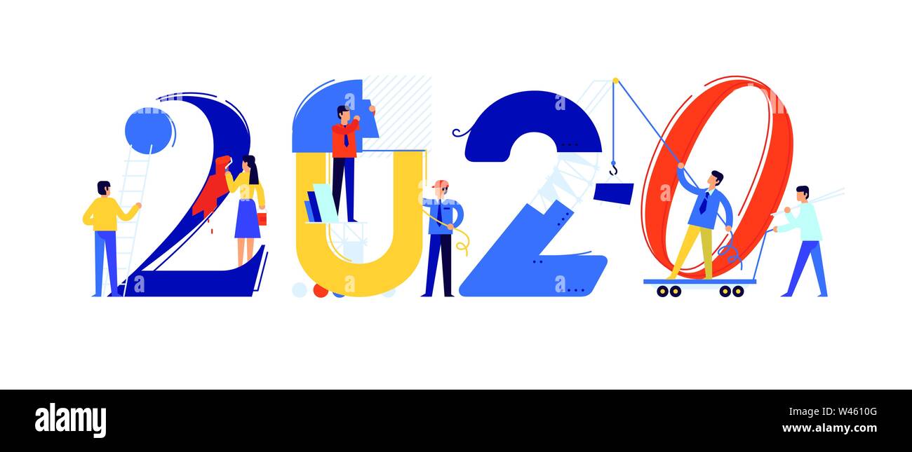 Le personnel de bureau se préparent à répondre à la nouvelle année 2020. Vector illustration. Personnages de réparer les chiffres. Droit est isolé sur blanc backgroun Illustration de Vecteur
