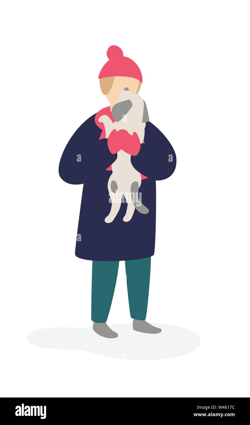 Illustration d'une jeune fille jouant avec un chien. Vecteur. Adolescente de fille dans un manteau et hat holding un chien. Télévision cartoon style. Animal de compagnie pour une promenade. La relation Illustration de Vecteur