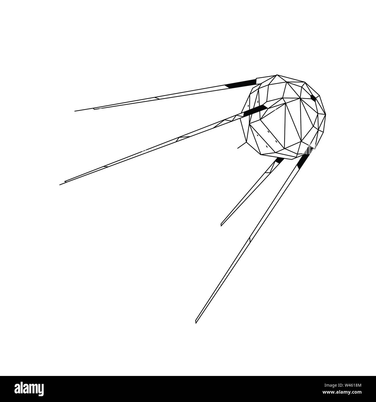 Illustration de contour d'un satellite de la terre. Vecteur. Style du contour plat. L'espace soviétique satellite artificiel. Poly faible technique. Vintage illustrat Illustration de Vecteur