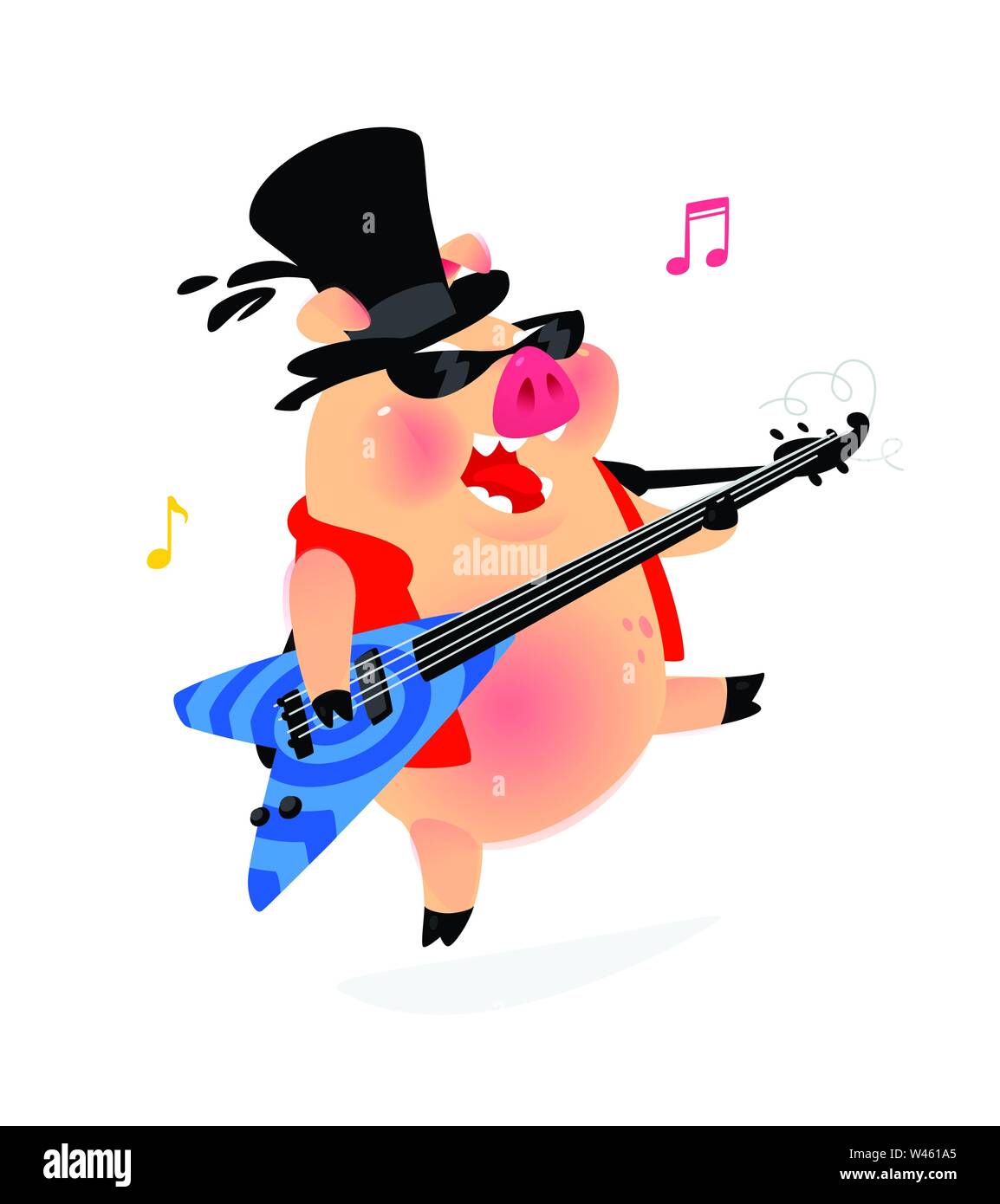 Illustration d'un chat dans un chapeau avec une guitare. Vecteur. Rock interprète de chansons populaires en costume de cochon. Mascotte de personnage music club, café, Illustration de Vecteur
