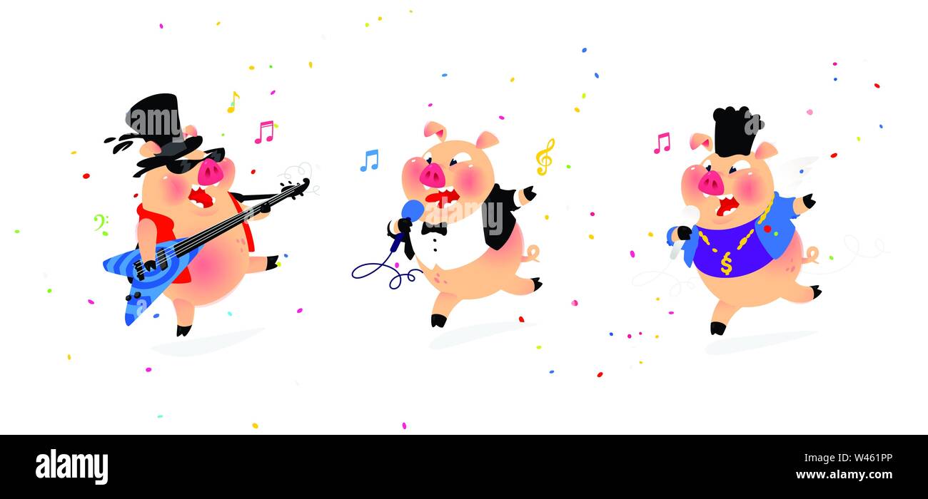 Illustration de trois porcs joyeux musiciens. Vecteur. Style plat. Musicien rock porc cochon, chanteuse pop. Les bonbons et les vacances. Caractères pour karaoké et sh Illustration de Vecteur