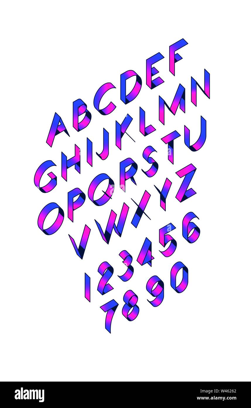 Volume font, bande. Vecteur. Mince, linéaire, le contour des lettres. Police de l'Amérique latine. L'isométrie toutes les lettres sont séparées. Alphabet complet avec les chiffres. Style années 80. Al Illustration de Vecteur