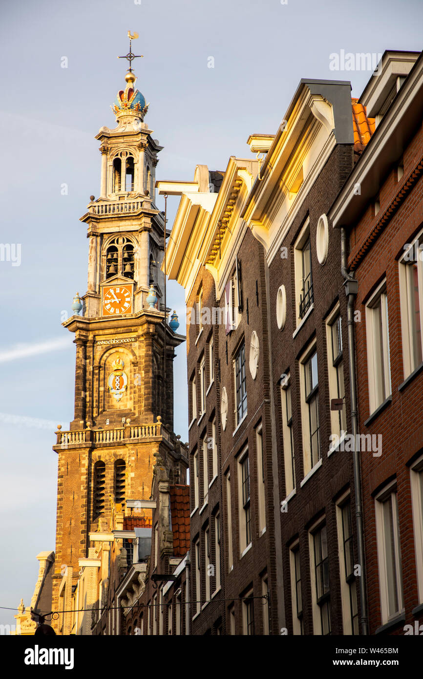 Amsterdam, Pays-Bas, Vieille Ville, tour de l'église Westerkerk, Banque D'Images