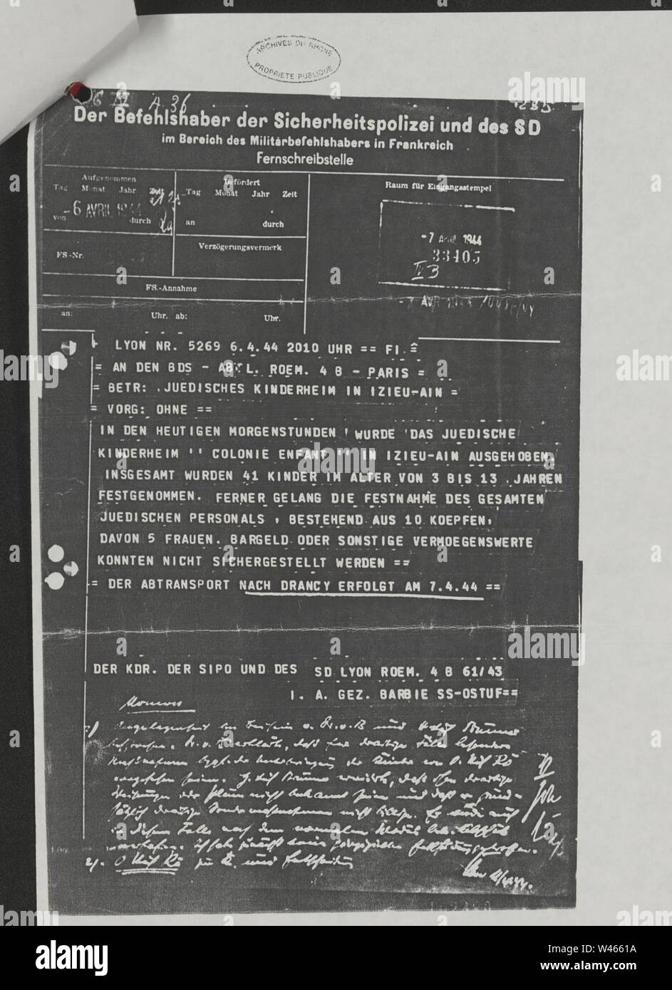 Copie du télex d'Peyrieu conservé aux Archives nationales américaines. Banque D'Images