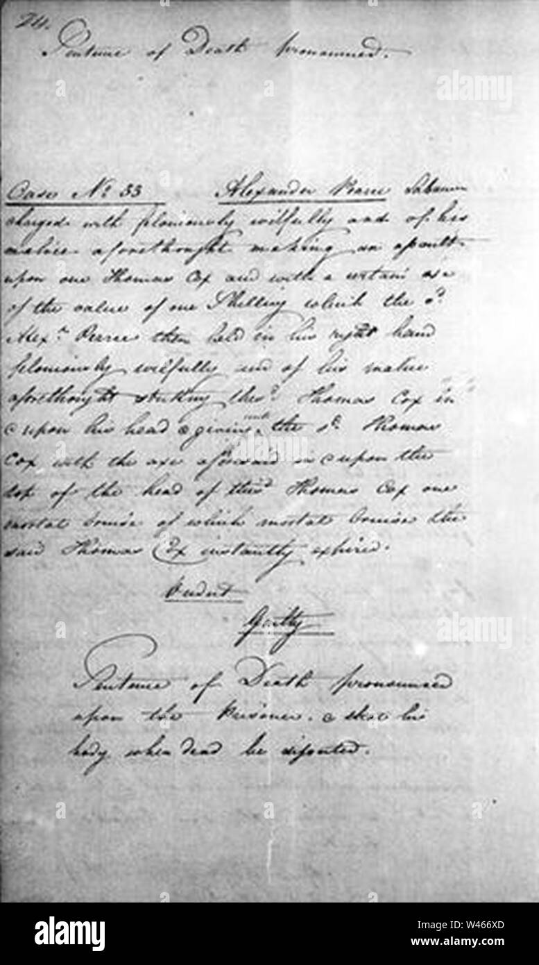 Copie de la sentence de mort prononcée sur Alexander Pearce - 1824. Banque D'Images