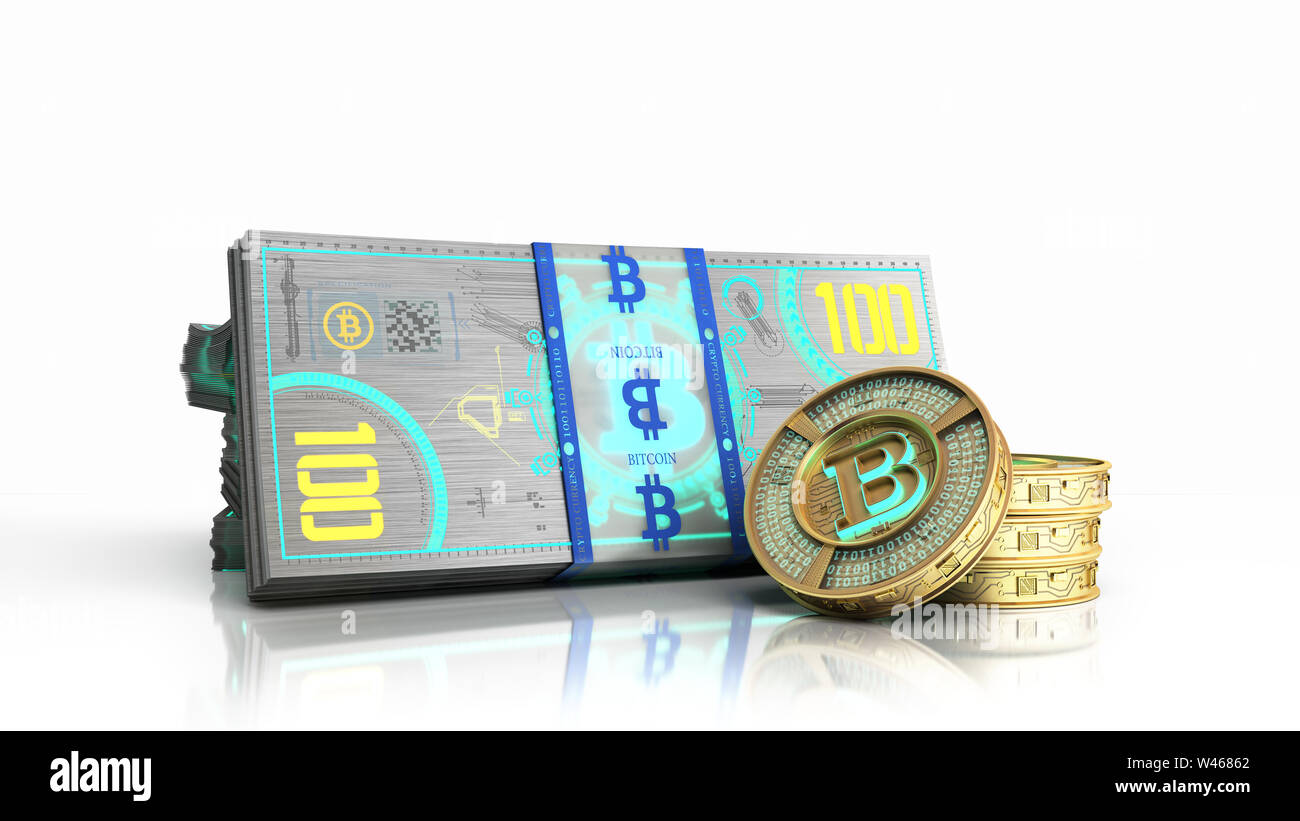 Concept de billet de bitcoin et monet argent virtuel projets 3D render sur  blanc Photo Stock - Alamy