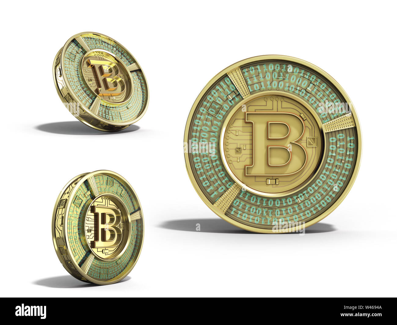 Ensemble d'or moderne rendu 3d des bitcoins sur fond blanc Banque D'Images