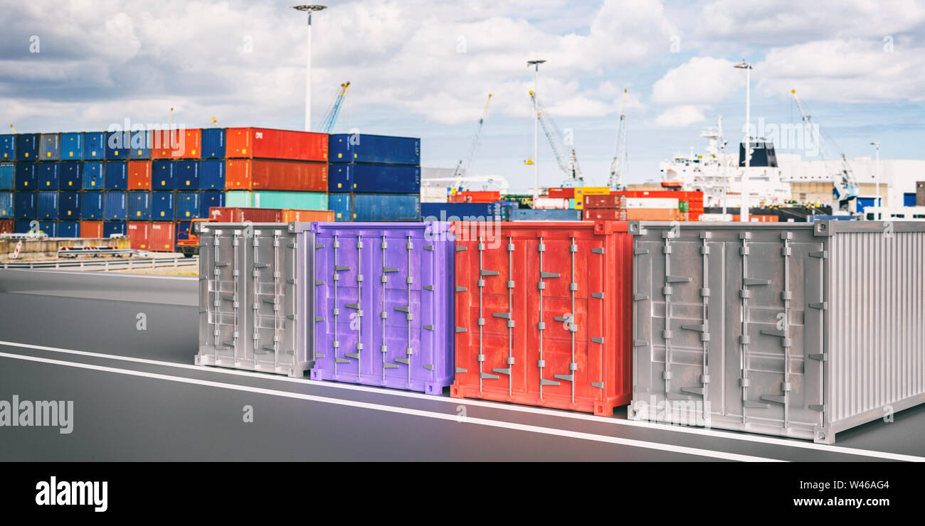 Les conteneurs de fret, import export, logistique transport concept, flou, fond du port. 3d illustration Banque D'Images