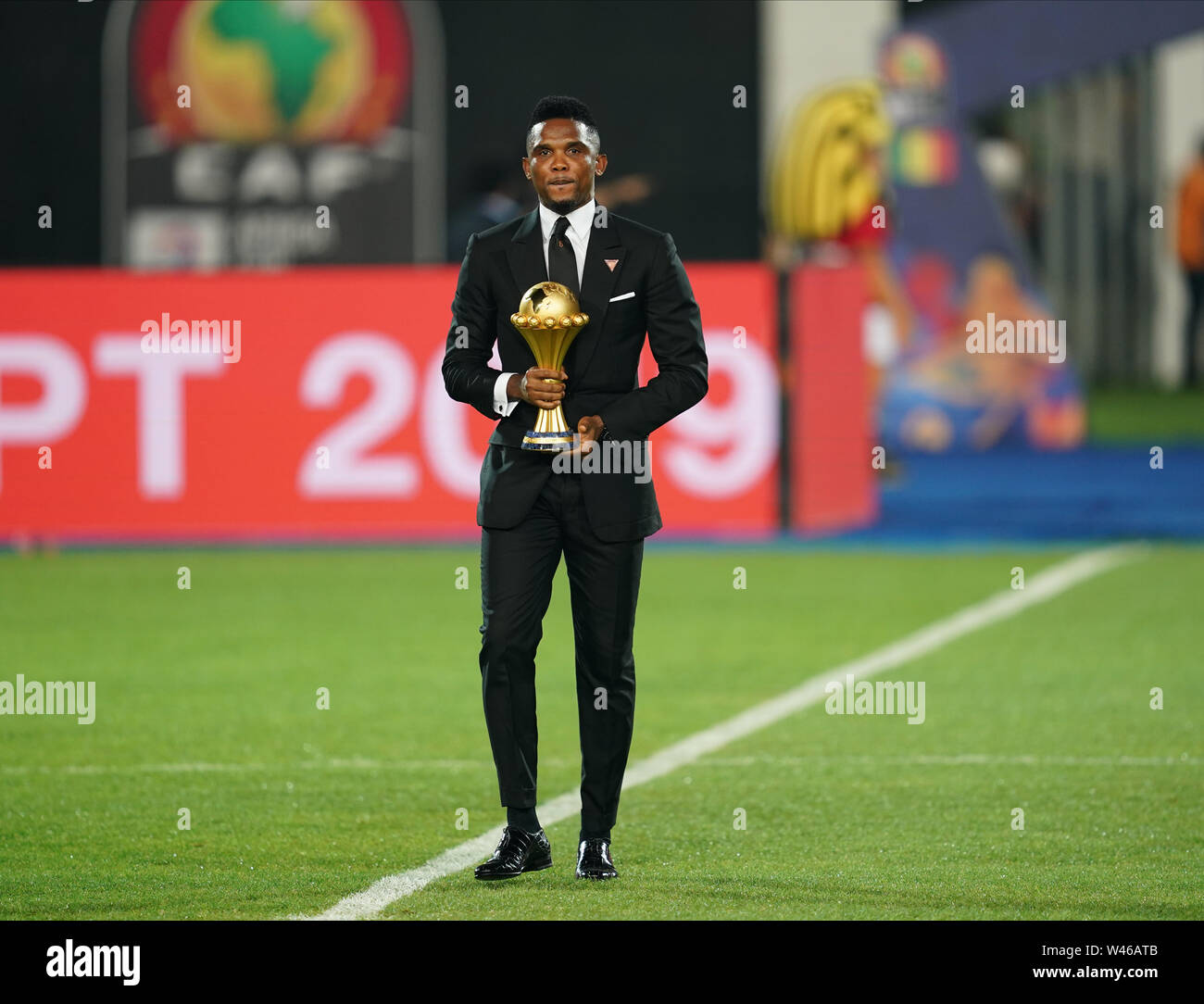 Le Caire, l'Algérie, l'Egypte. 19 juillet, 2019. En France, le 19 juillet 2019 : Samuel Eto'o, ancien joueur du Cameroun avant la finale de Coupe d'Afrique des Nations 2019 match entre l'Algérie et le Sénégal au Stade International du Caire au Caire, Égypte. Ulrik Pedersen/CSM/Alamy Live News Banque D'Images