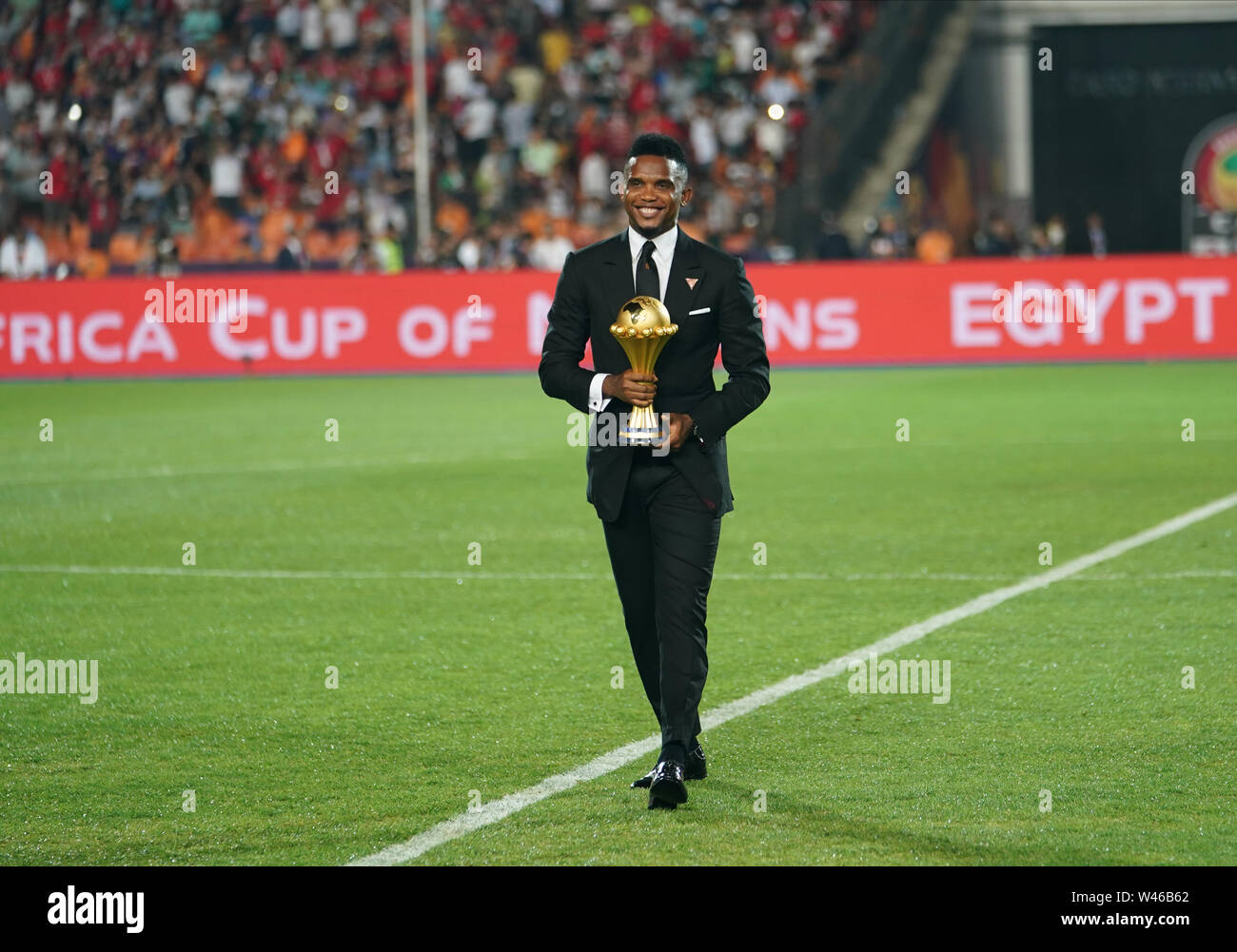 Le Caire, l'Algérie, l'Egypte. 19 juillet, 2019. En France, le 19 juillet 2019 : Samuel Eto'o, ancien joueur du Cameroun avant la finale de Coupe d'Afrique des Nations 2019 match entre l'Algérie et le Sénégal au Stade International du Caire au Caire, Égypte. Ulrik Pedersen/CSM/Alamy Live News Banque D'Images