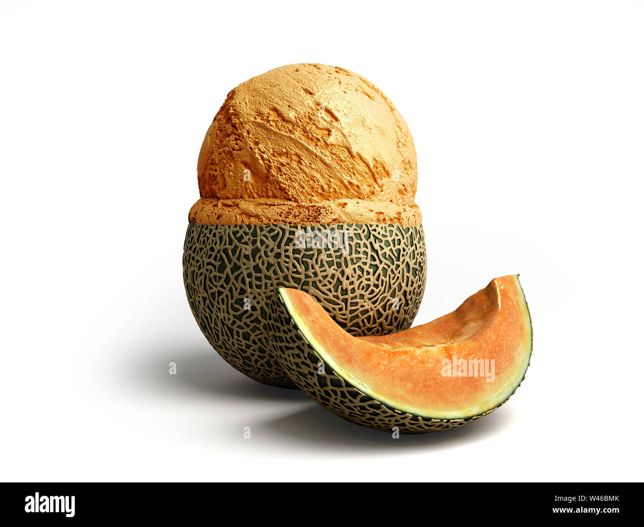 Concept moderne de la crème glacée aux fruits une glace melon balle repose sur un melon rôti de rendu 3D sur fond blanc Banque D'Images