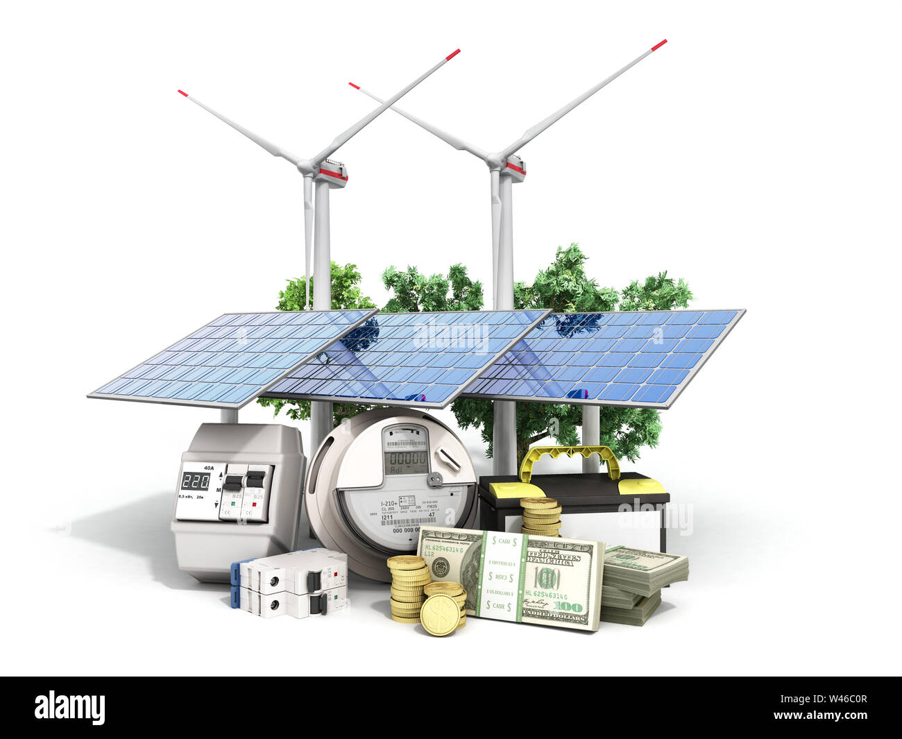 Concept d'économies d'énergie des panneaux solaires et un moulin à vent près de l'appareil de mesure de l'électricité sur le rendu 3D White Banque D'Images