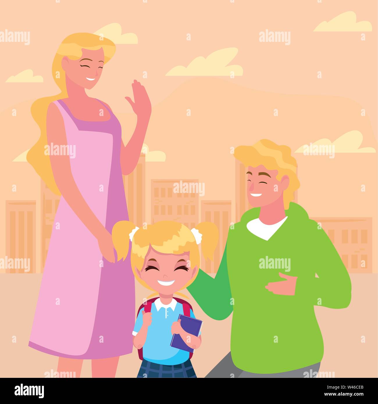 Les parents avec sa fille étudiante, qui revient à l'école vector illustration Illustration de Vecteur