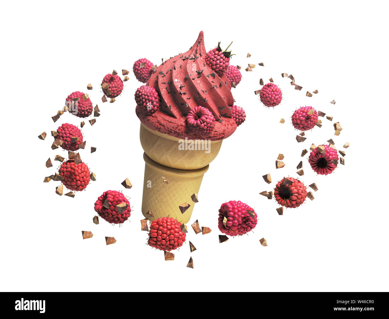 La crème glacée aux framboises et chocolat chapelure dans une gaufre tasse 3D render sur aucune ombre blanche Banque D'Images