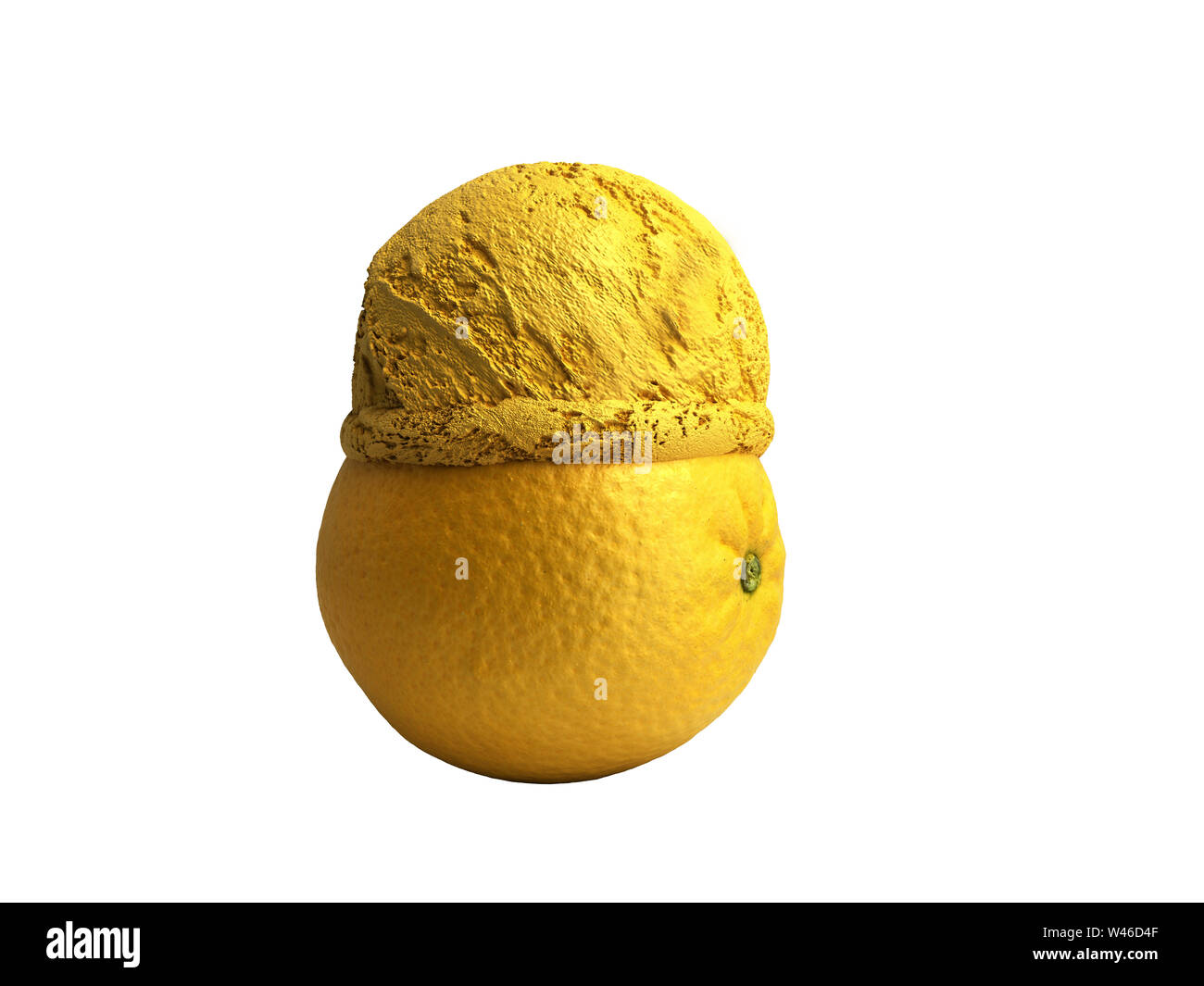 Concept moderne de la crème glacée aux fruits d'un orange ice cream balle repose sur un rendu 3D d'orange grillées sur fond blanc aucune ombre Banque D'Images