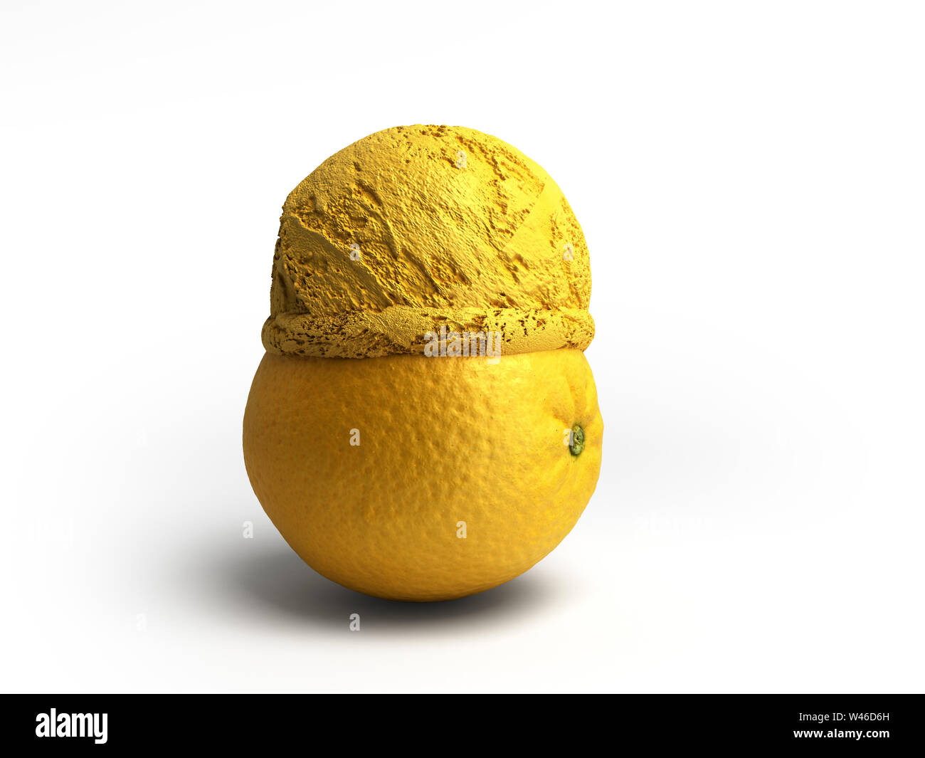Concept moderne de la crème glacée aux fruits d'un orange ice cream balle repose sur un rendu 3D d'orange grillées sur fond blanc Banque D'Images