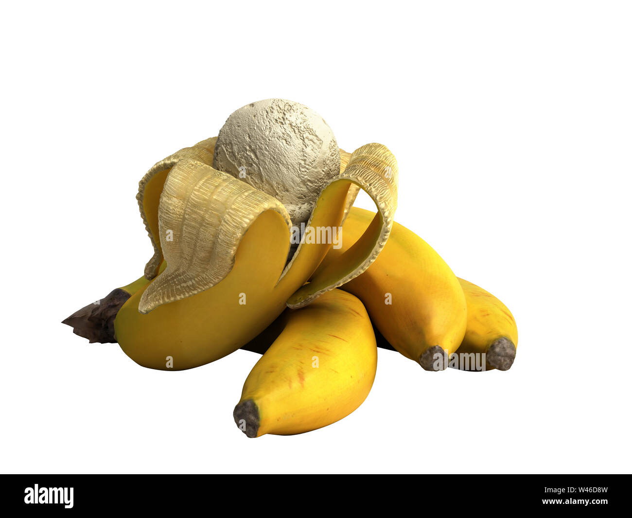 Concept moderne de la crème glacée aux fruits une glace banane balle repose sur une banane rôtie de rendu 3D sur fond blanc aucune ombre Banque D'Images