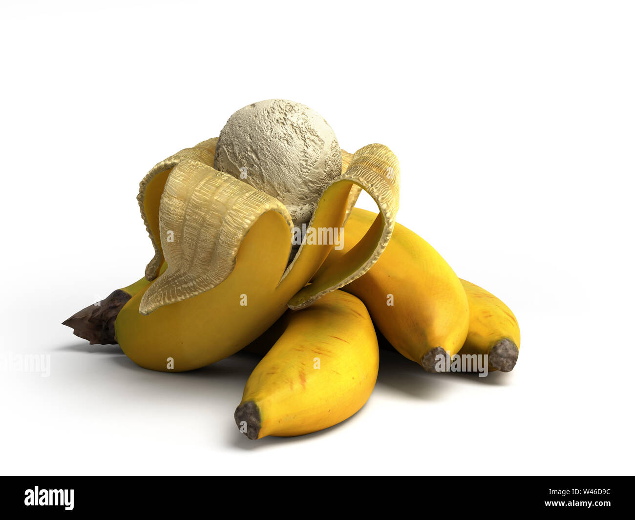 Concept moderne de la crème glacée aux fruits une glace banane balle repose sur une banane rôtie de rendu 3D sur fond blanc Banque D'Images