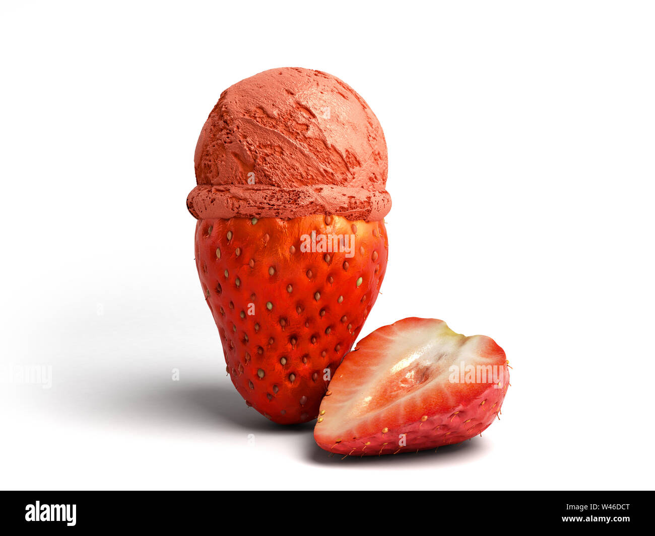 Concept moderne de la crème glacée aux fruits une glace à la fraise balle repose sur un rendu 3D de fraises grillées sur fond blanc Banque D'Images