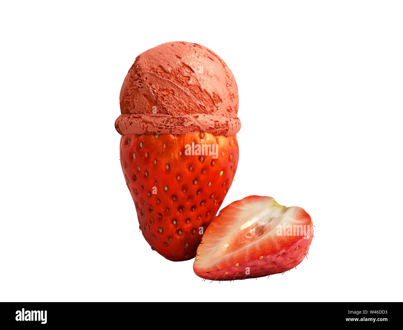 Concept moderne de la crème glacée aux fruits une glace à la fraise balle repose sur un rendu 3D de fraises grillées sur fond blanc aucune ombre Banque D'Images