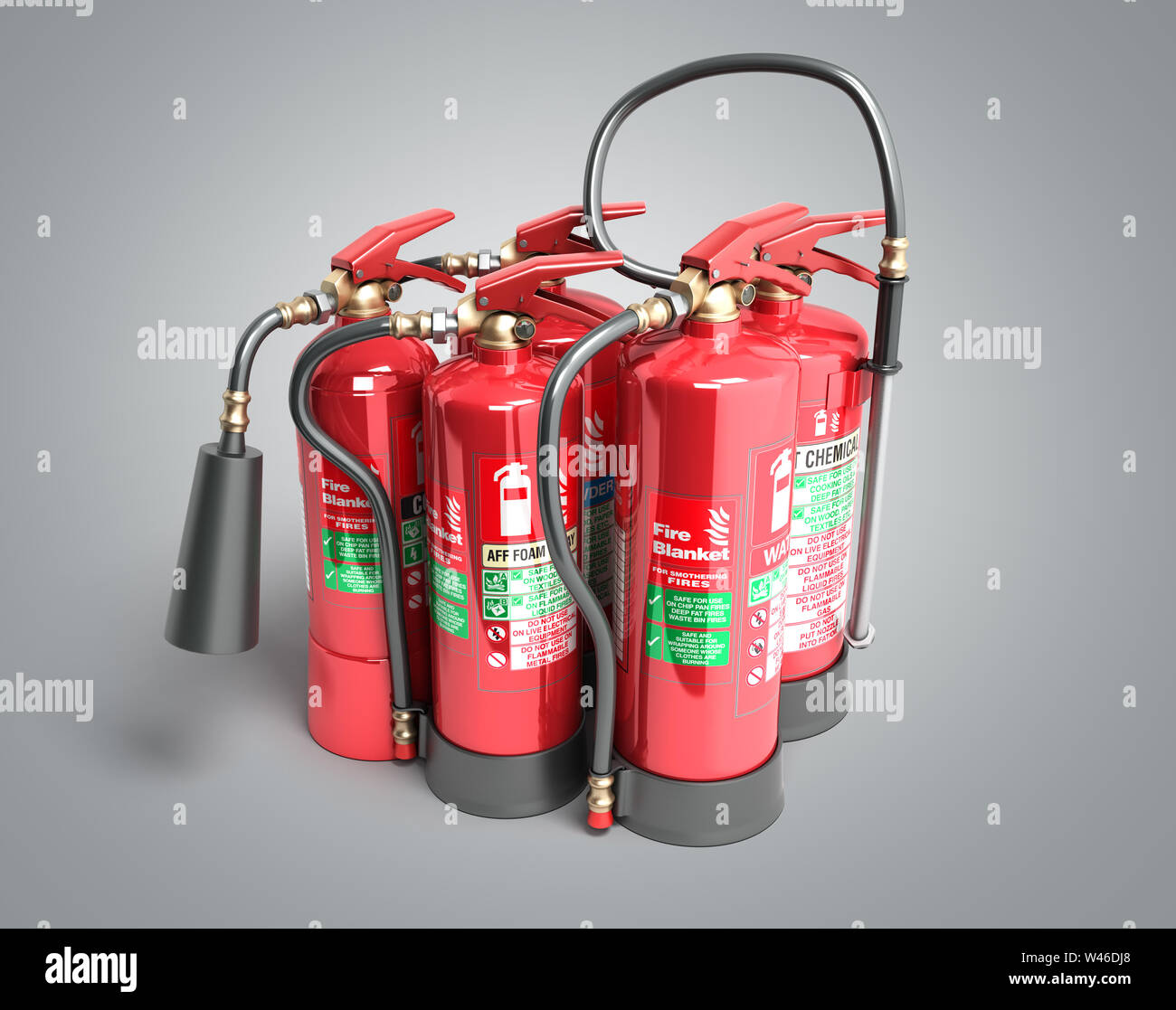 Les extincteurs isolé sur fond gris différents types d'extincteurs 3d illustration Banque D'Images