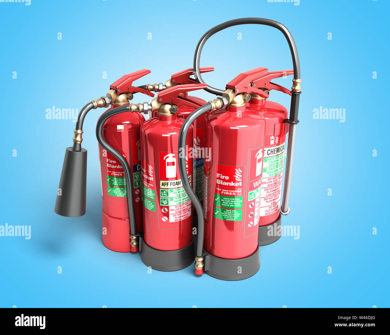 Les extincteurs isolé sur fond bleu différents types d'extincteurs 3d illustration Banque D'Images