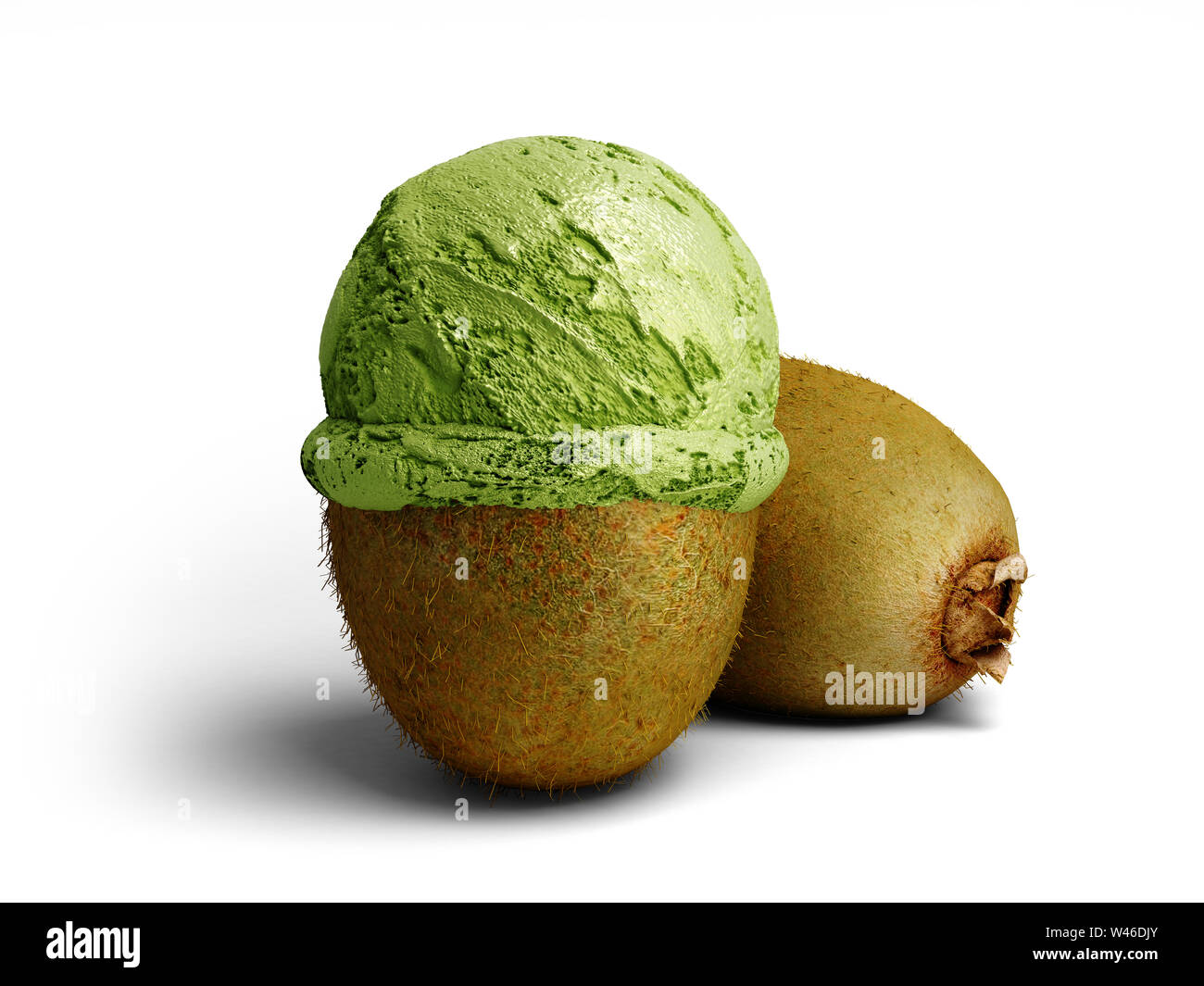 Concept moderne de la crème glacée aux fruits kiwi ice cream balle repose sur un kiwi rôti3d render sur fond blanc Banque D'Images