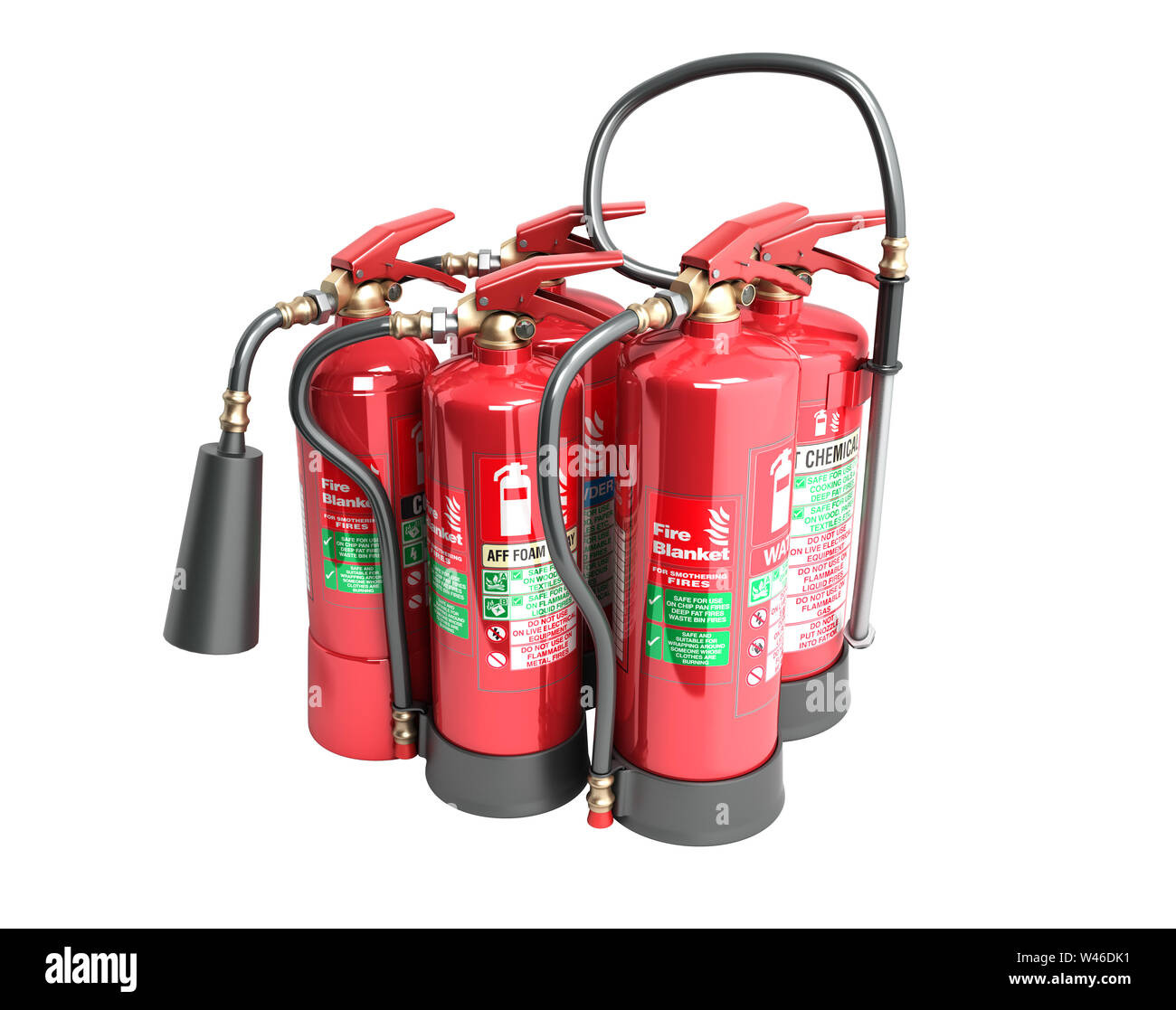 Les extincteurs d'isolé sur fond blanc différents types d'extincteurs 3d illustration d'ombres Banque D'Images