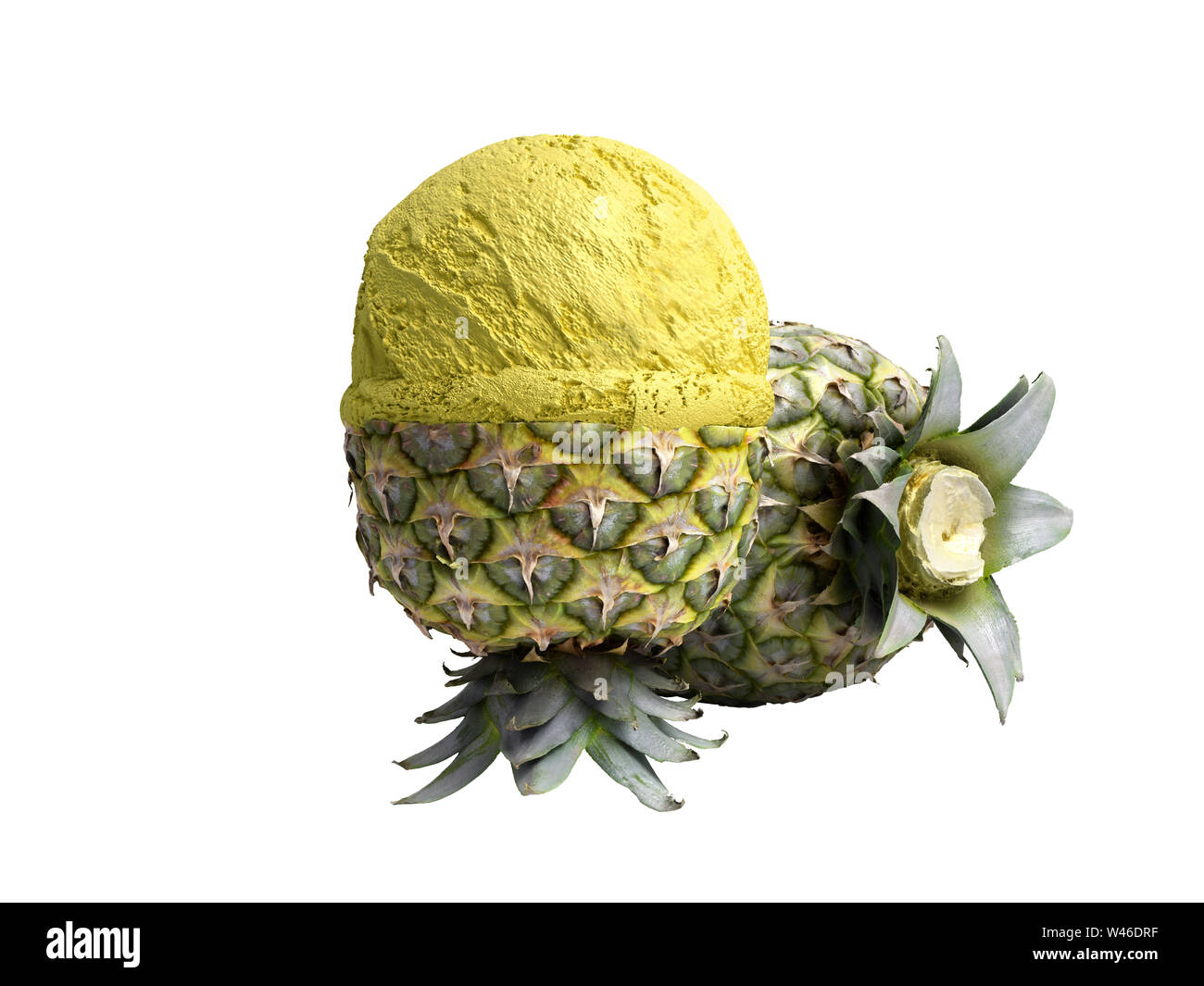 Concept moderne de la crème glacée aux fruits une crème glacée ananas balle repose sur un rendu 3d ananas rôti sur fond blanc aucune ombre Banque D'Images
