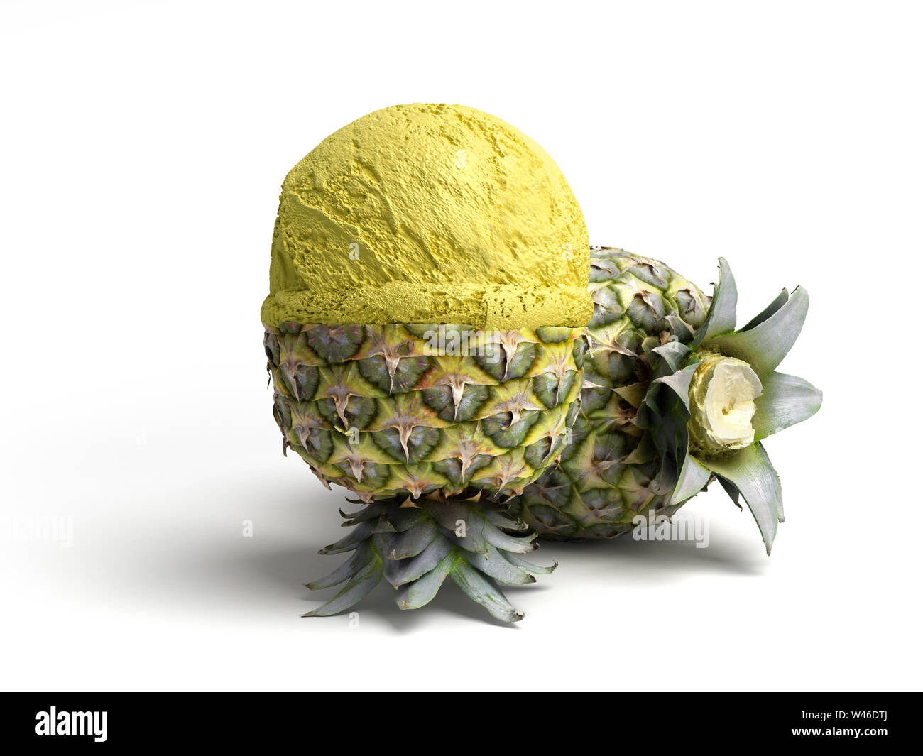 Concept moderne de la crème glacée aux fruits une crème glacée ananas balle repose sur un rendu 3d ananas rôti sur fond blanc Banque D'Images