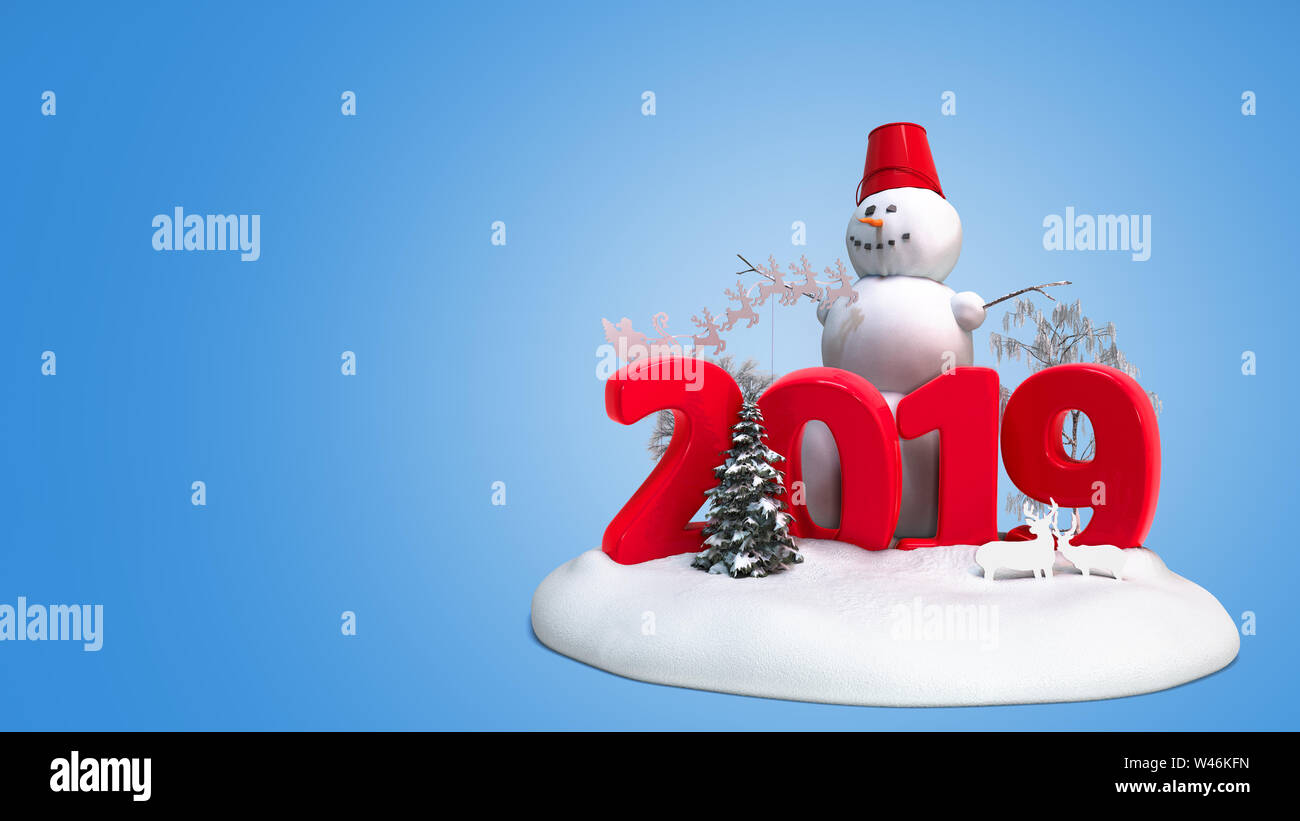 Nouvelle année 2019 avec l'île de neige bonhomme de neige et d'arbres 3D render sur bleu Banque D'Images