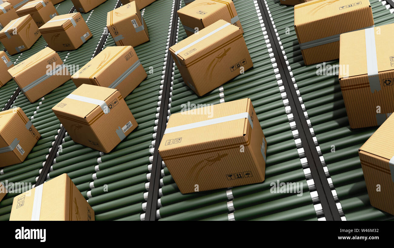Service d'emballage livraison colis moderne et des colis de transport du  concept de boîtes de carton sur les tapis 3D render Photo Stock - Alamy