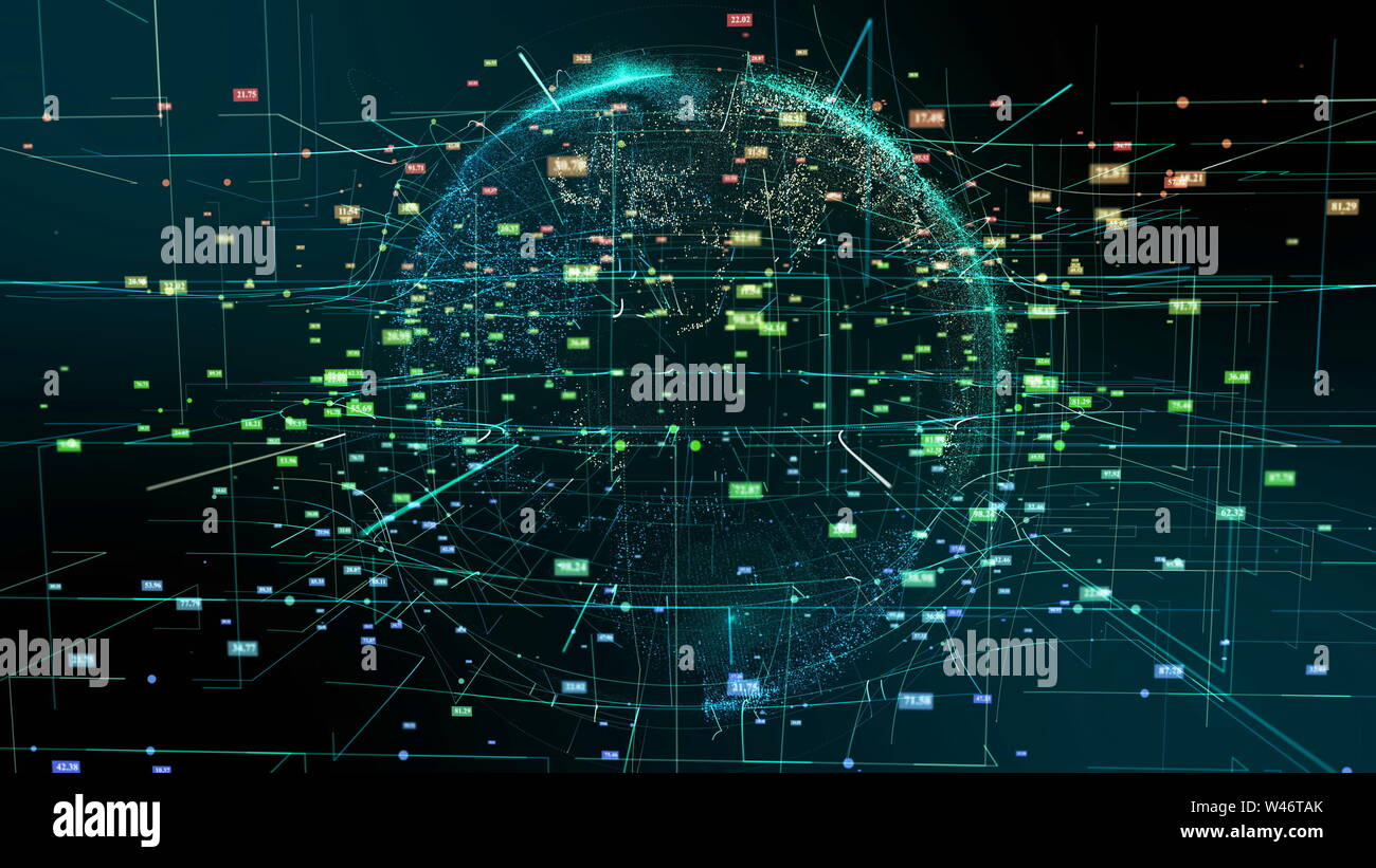 La planète Terre Le cyberespace Résumé Particules Motion. Hologramme numérique Continents points colorés Fly Data World Plan du réseau. La rotation de la planète l'exploration de l'Espace Concept d'Animation de rendu 3D Banque D'Images