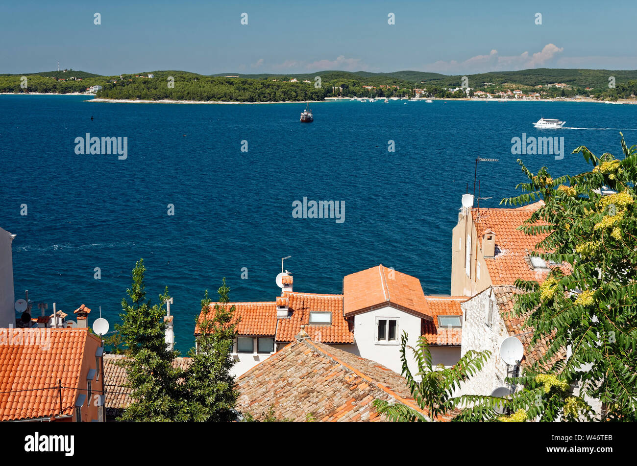 Sommaire ; la mer Adriatique du nord, péninsule d'Istrie, vieilles maisons, toits de tuiles rouges ; l'eau, scène côtière, Rovinj, Croatie, Europe, l'été, horizontal Banque D'Images
