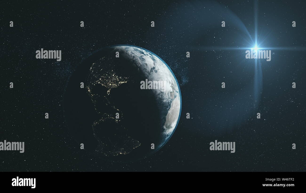 Près de la terre l'orbite de l'espace profond étoilé Sommaire. Constellation de l'univers vue Satellite. Partie extérieure de la Galaxie sombre Zoom Planète Navigation astronomique en Animation 3D Banque D'Images