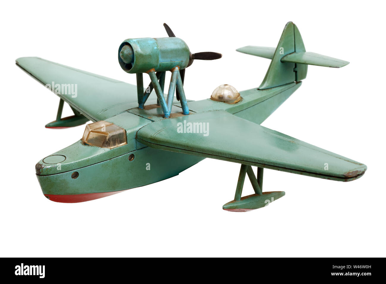 Objets isolés : ancien avion hydro générique métal vert maquette, isolé sur fond blanc Banque D'Images