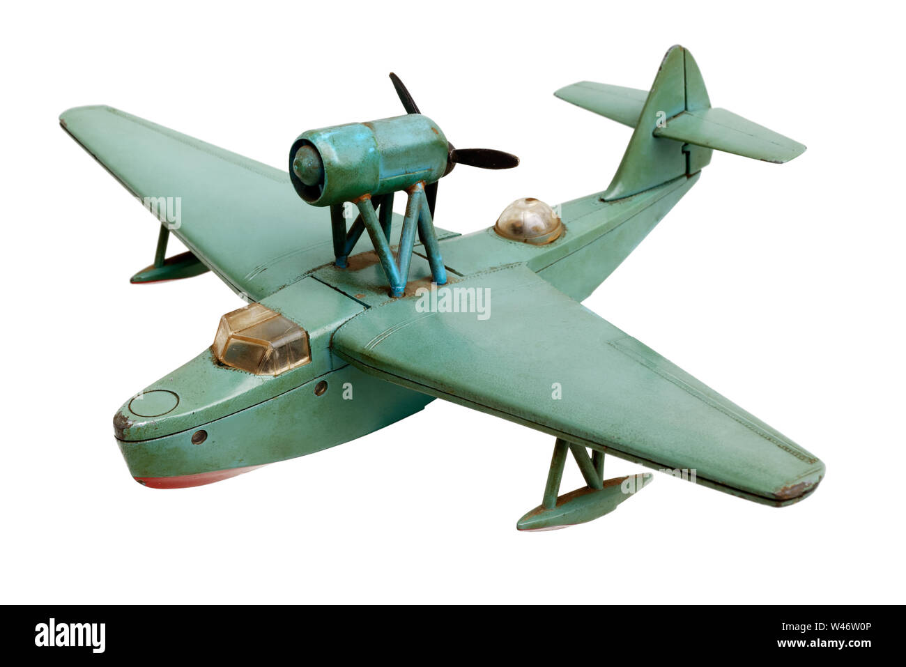 Objets isolés : ancien avion hydro générique métal vert maquette, isolé sur fond blanc Banque D'Images
