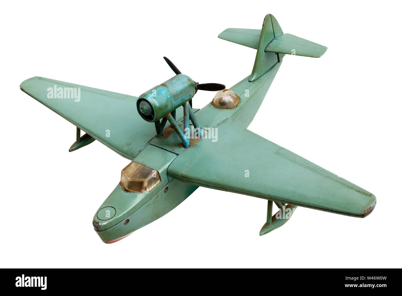 Objets isolés : ancien avion hydro générique métal vert maquette, isolé sur fond blanc Banque D'Images
