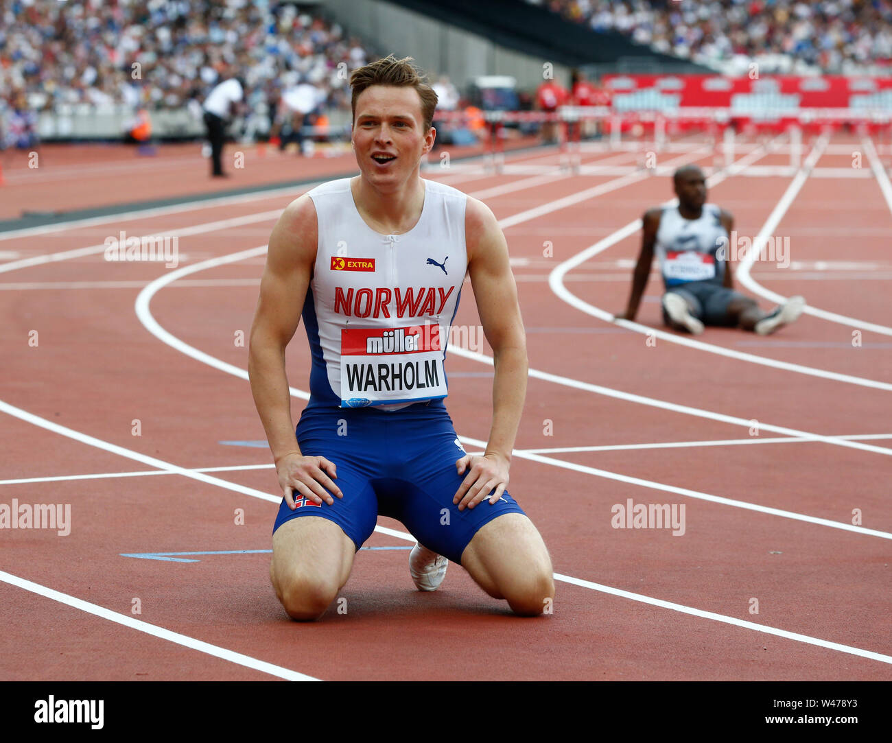 Londres, Royaume-Uni. 20 juillet, 2019. Londres, Angleterre. 20 juillet : kARSTEN wARHOLM (NI) Gagnant du 400m haies hommes pendant le premier jour de l'anniversaire des Jeux à Londres Muller Stadium le 20 juillet 2019 à Londres, en Angleterre. Action Crédit : Foto Sport/Alamy Live News Banque D'Images